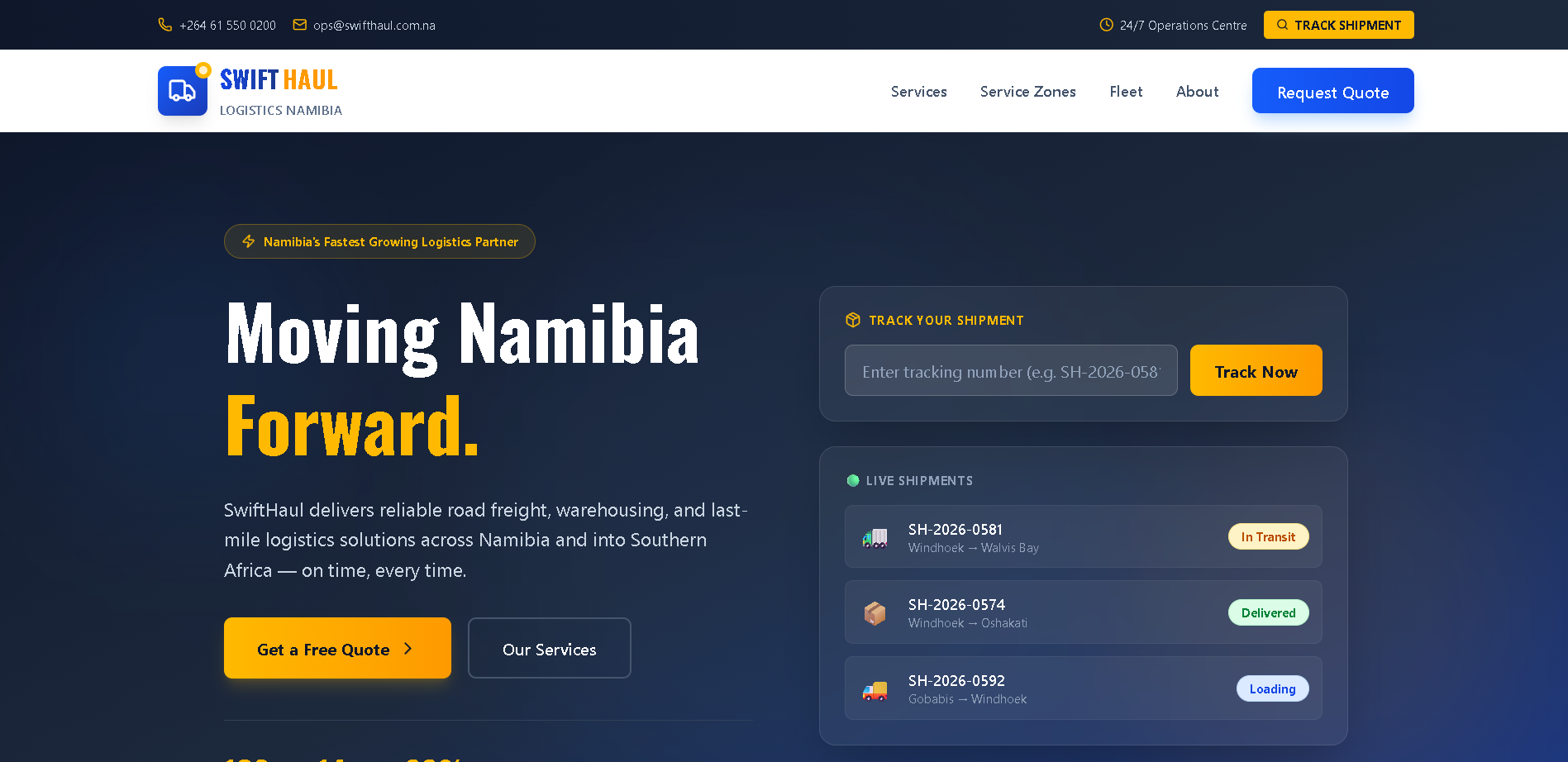 SwiftHaul Logistics — transport and logistics website Namibia by VisionTech