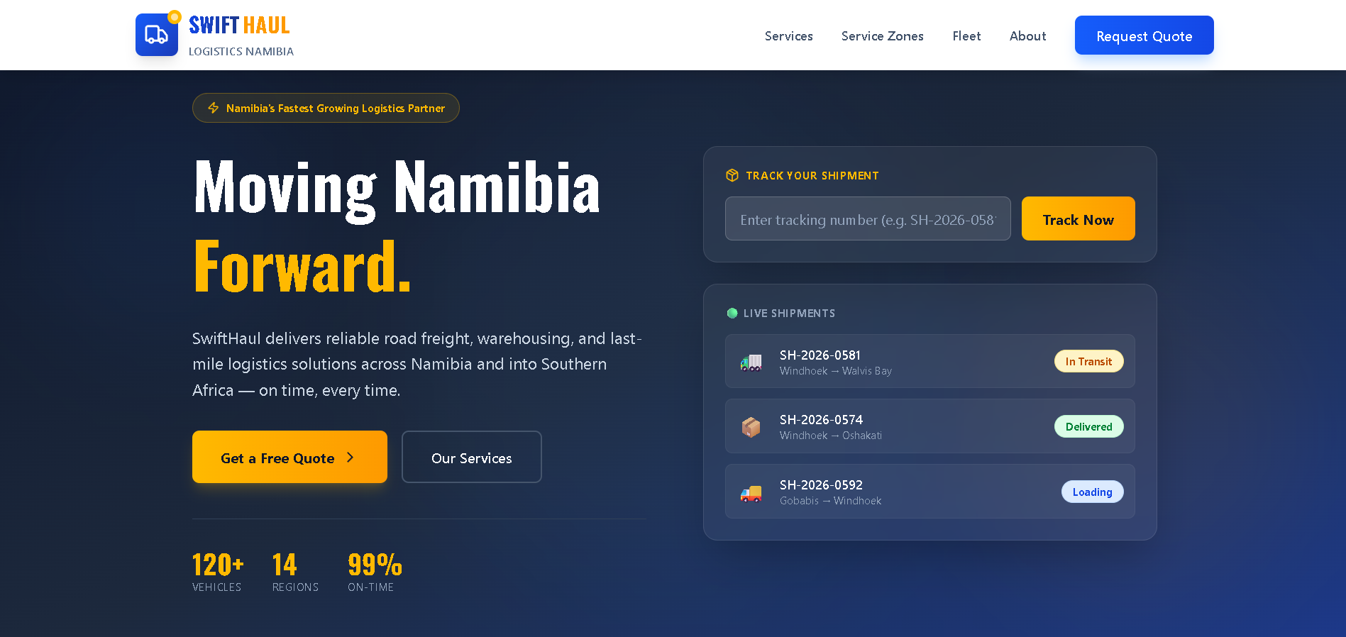 SwiftHaul Logistics — professional transport and logistics website built by VisionTech Namibia